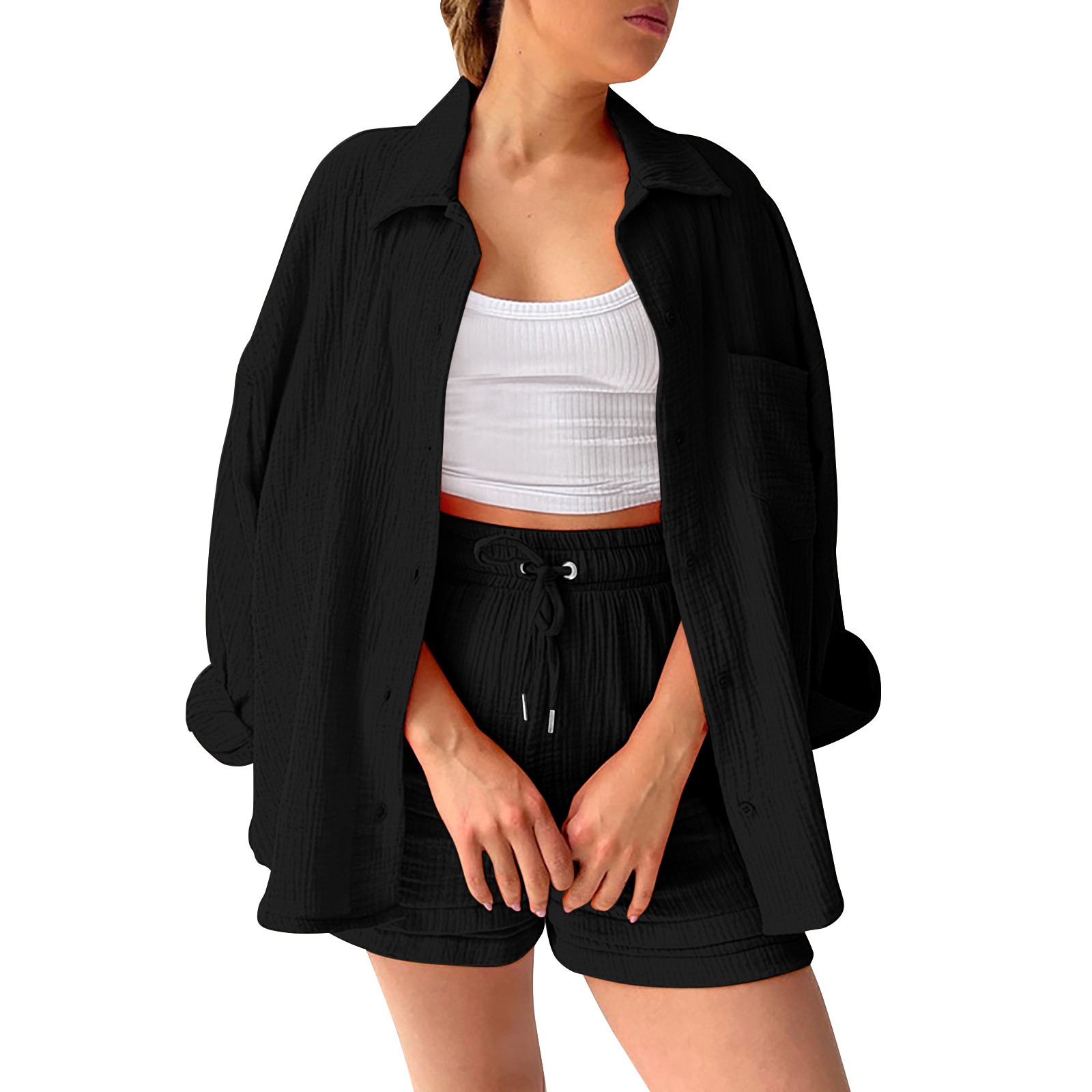 thumbnail image 4 of Conjunto de camisa holgada de solapa y un solo pecho + pantalones rectos de cintura alta para mujer - Mezcla de algodón, transpirable, mangas 7/8, 4 of 4